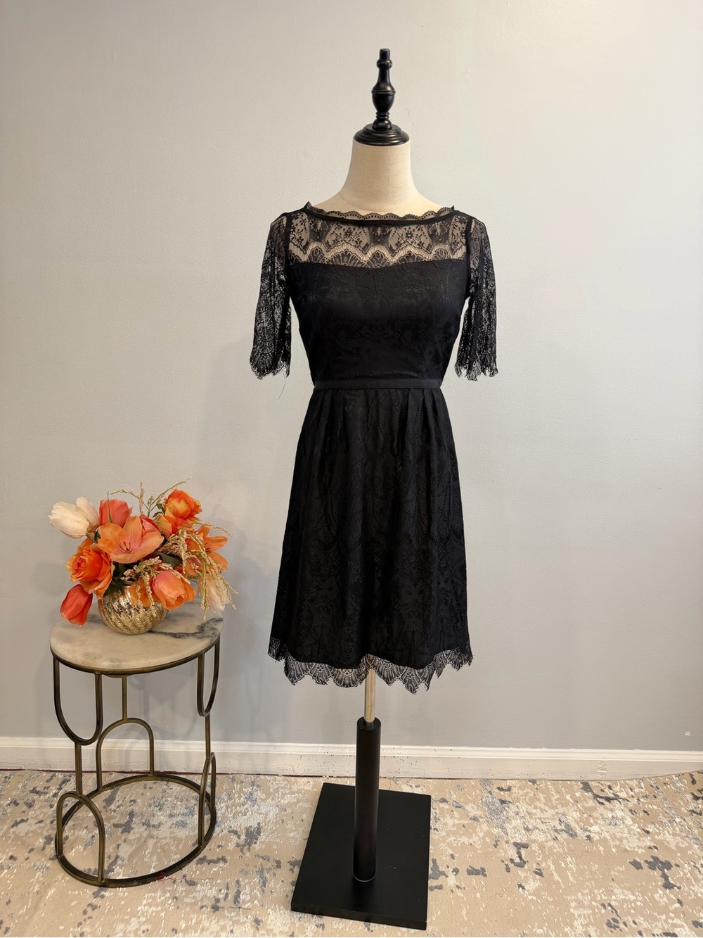 Nine West Black Lace Half Sleeve Midi Dress with Sheer Yoke - Size 2